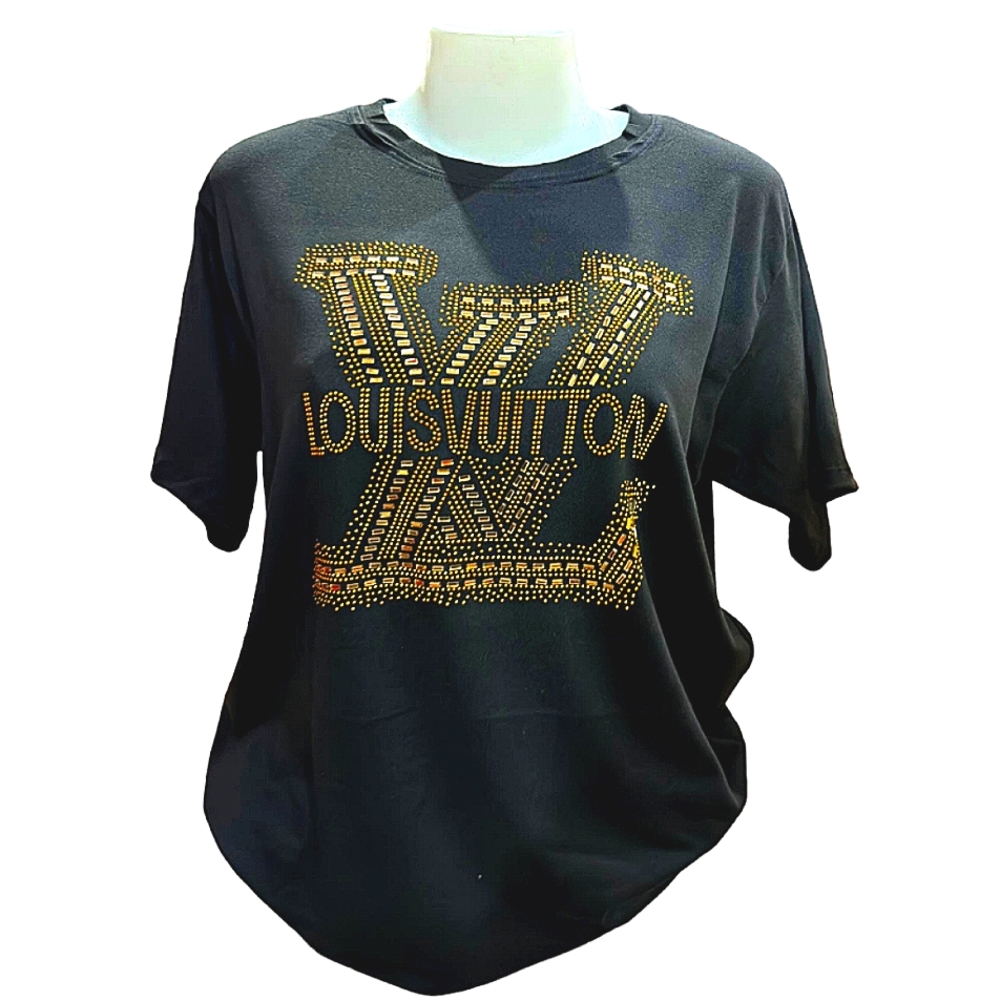 NWOT Black Gold Rhinestone Studded LV Tee